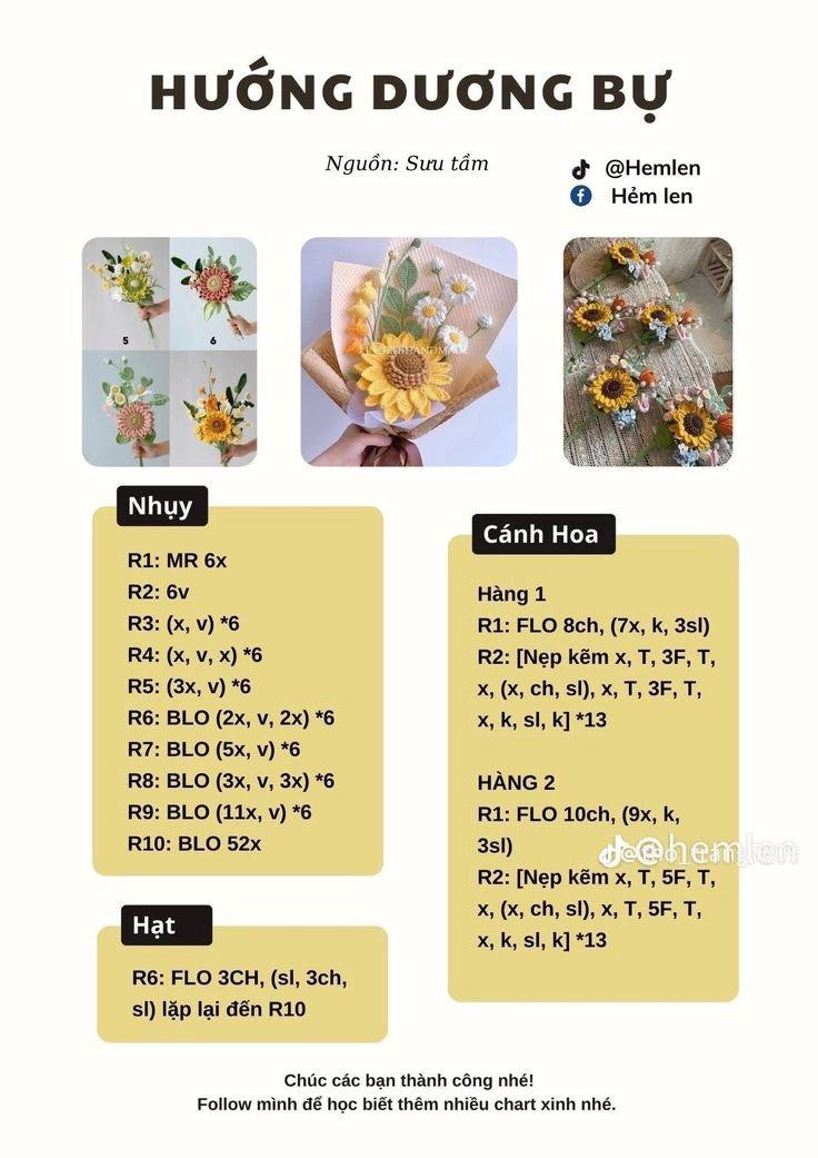 Tổng hợp chart móc len hoa: Hồng, Lan, Hướng dương