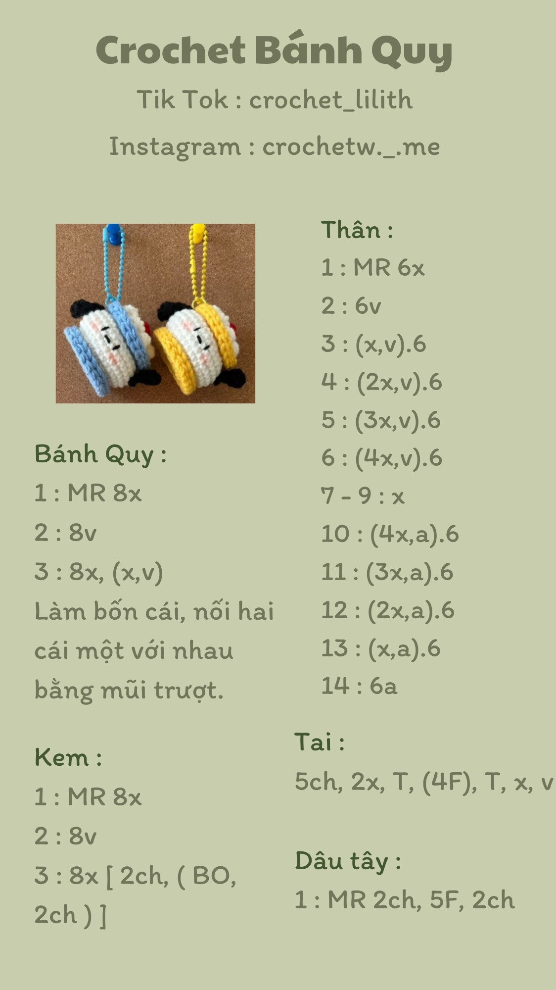 Tổng hợp chart móc len: Hoa trái cây, Thỏ Mochi, Bánh Quy và Hộp quà Hello Kitty
