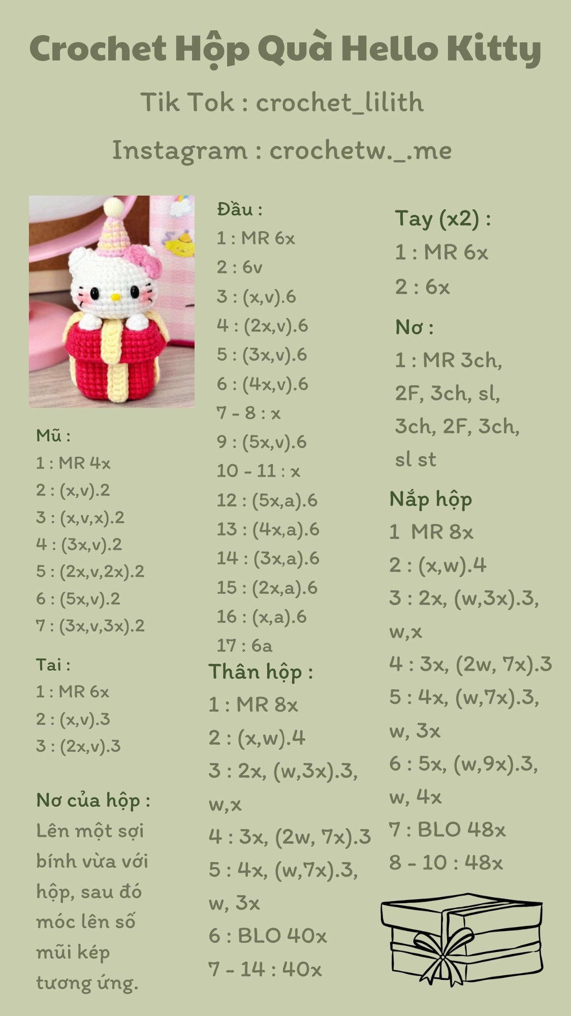 Tổng hợp chart móc len: Hoa trái cây, Thỏ Mochi, Bánh Quy và Hộp quà Hello Kitty