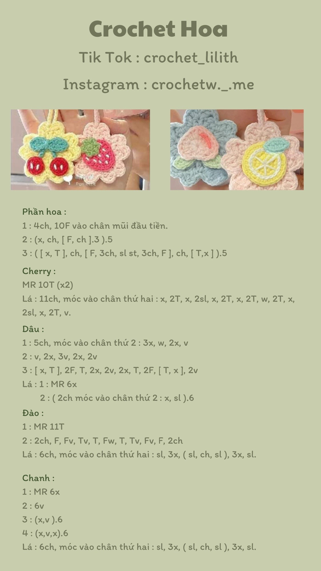 Tổng hợp chart móc len: Hoa trái cây, Thỏ Mochi, Bánh Quy và Hộp quà Hello Kitty