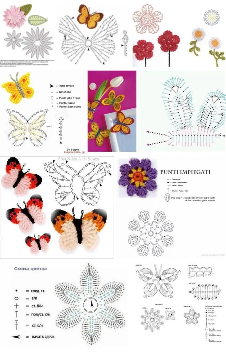 Tổng hợp chart móc len hoa và bướm đa dạng màu sắc, hình ảnh mẫu thực tế kèm bảng hướng dẫn chi tiết từng mũi