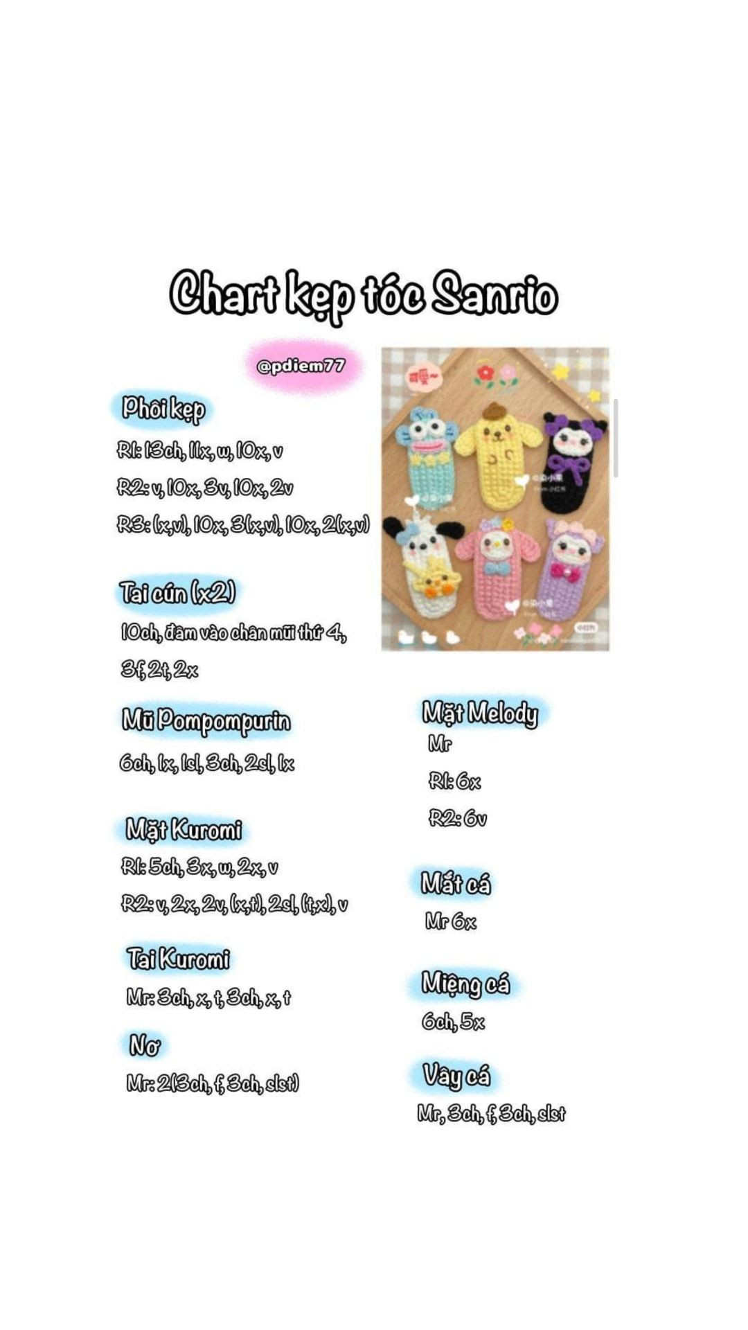 Tổng hợp chart móc len kẹp tóc dễ thương: Thú cưng, Sanrio và Công chúa