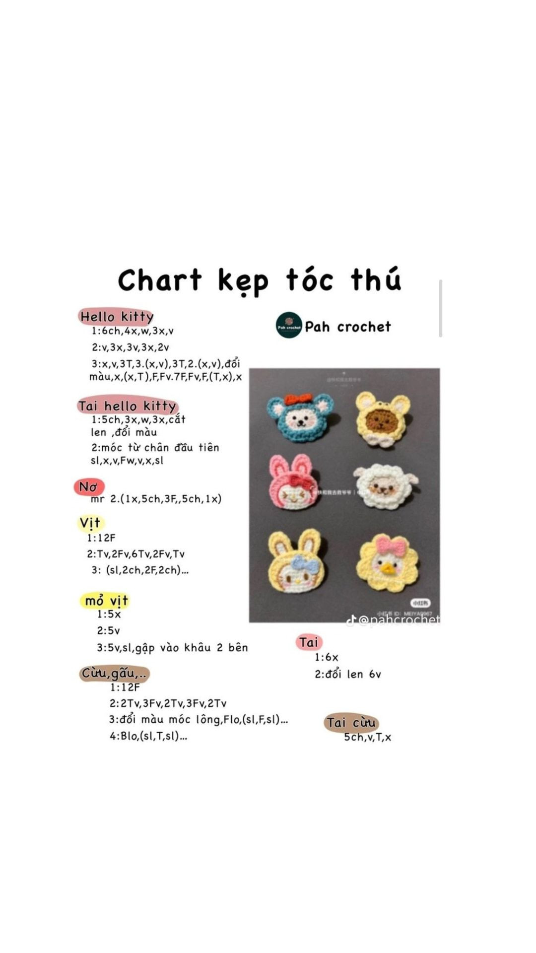 Tổng hợp chart móc len kẹp tóc dễ thương: Thú cưng, Sanrio và Công chúa