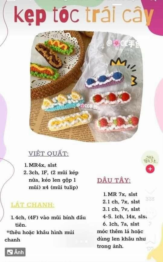 Tổng hợp chart móc len kẹp tóc hình thỏ, mèo và hoa quả dễ thương