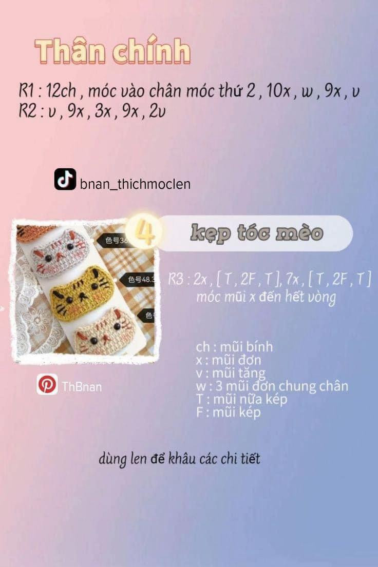 Tổng hợp chart móc len kẹp tóc hình thỏ, mèo và hoa quả dễ thương