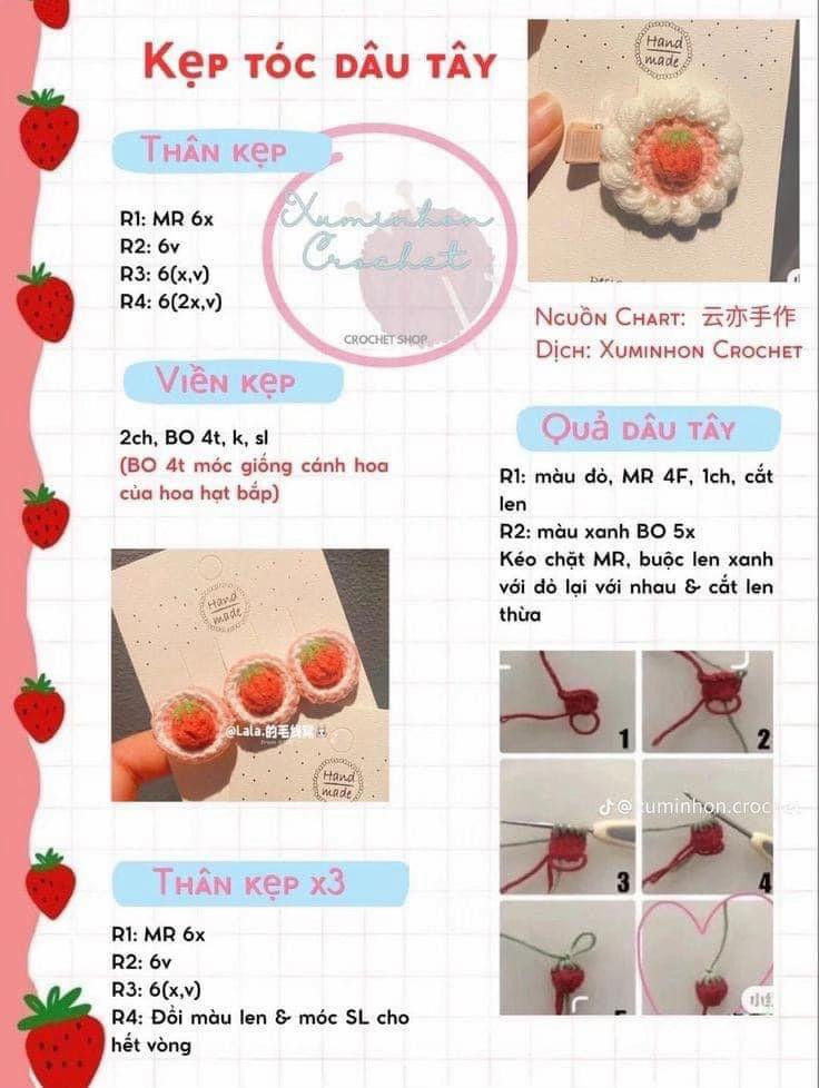 Tổng hợp chart móc len kẹp tóc hình thỏ, mèo và hoa quả dễ thương