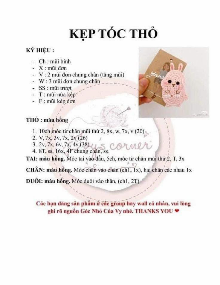 Tổng hợp chart móc len kẹp tóc hình thỏ, mèo và hoa quả dễ thương