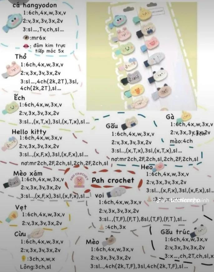 Tổng hợp chart móc len kẹp tóc: Hoa hướng dương, cá hangyodon và các chú thú dễ thương