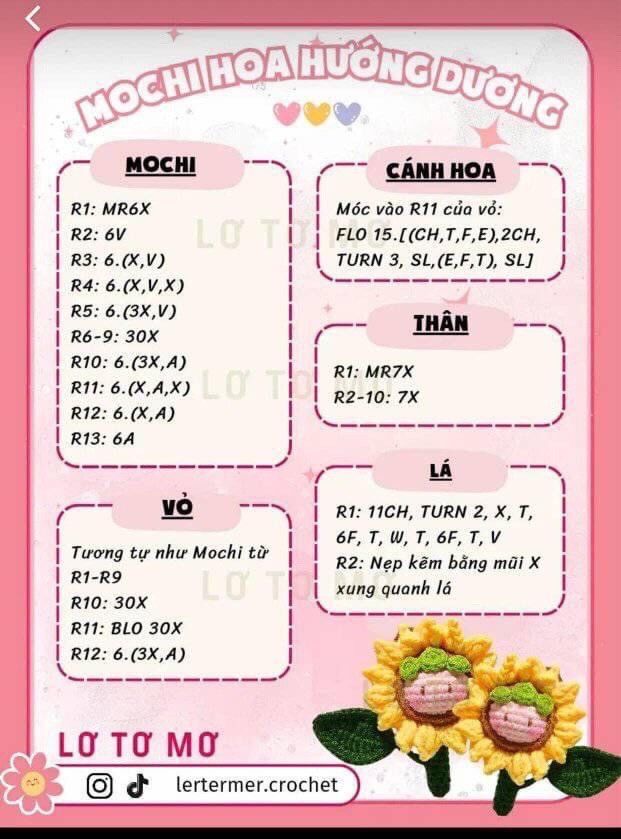 Tổng hợp chart móc len Mochi dễ thương: Hoa hướng dương, Gấu nhỏ và Trà sữa