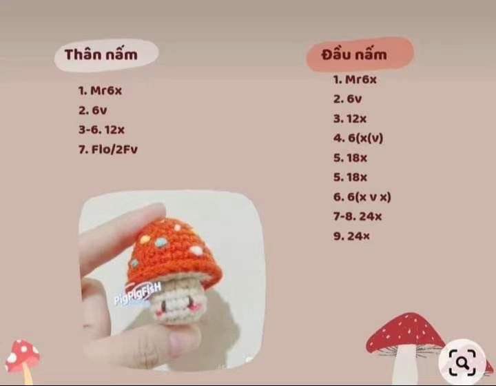 Tổng hợp chart móc len nấm rơm và nấm hương dễ thương