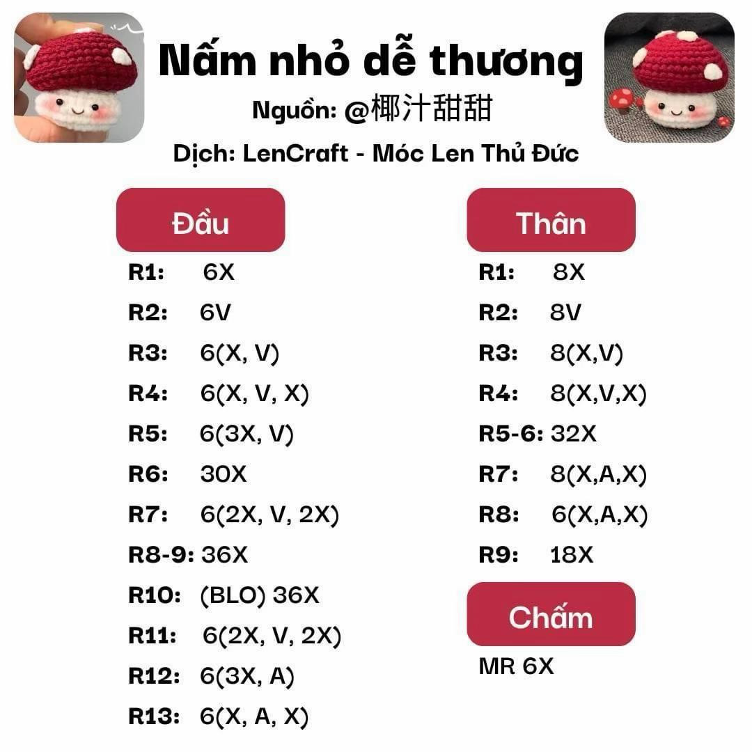 Tổng hợp chart móc len nấm rơm và nấm hương dễ thương