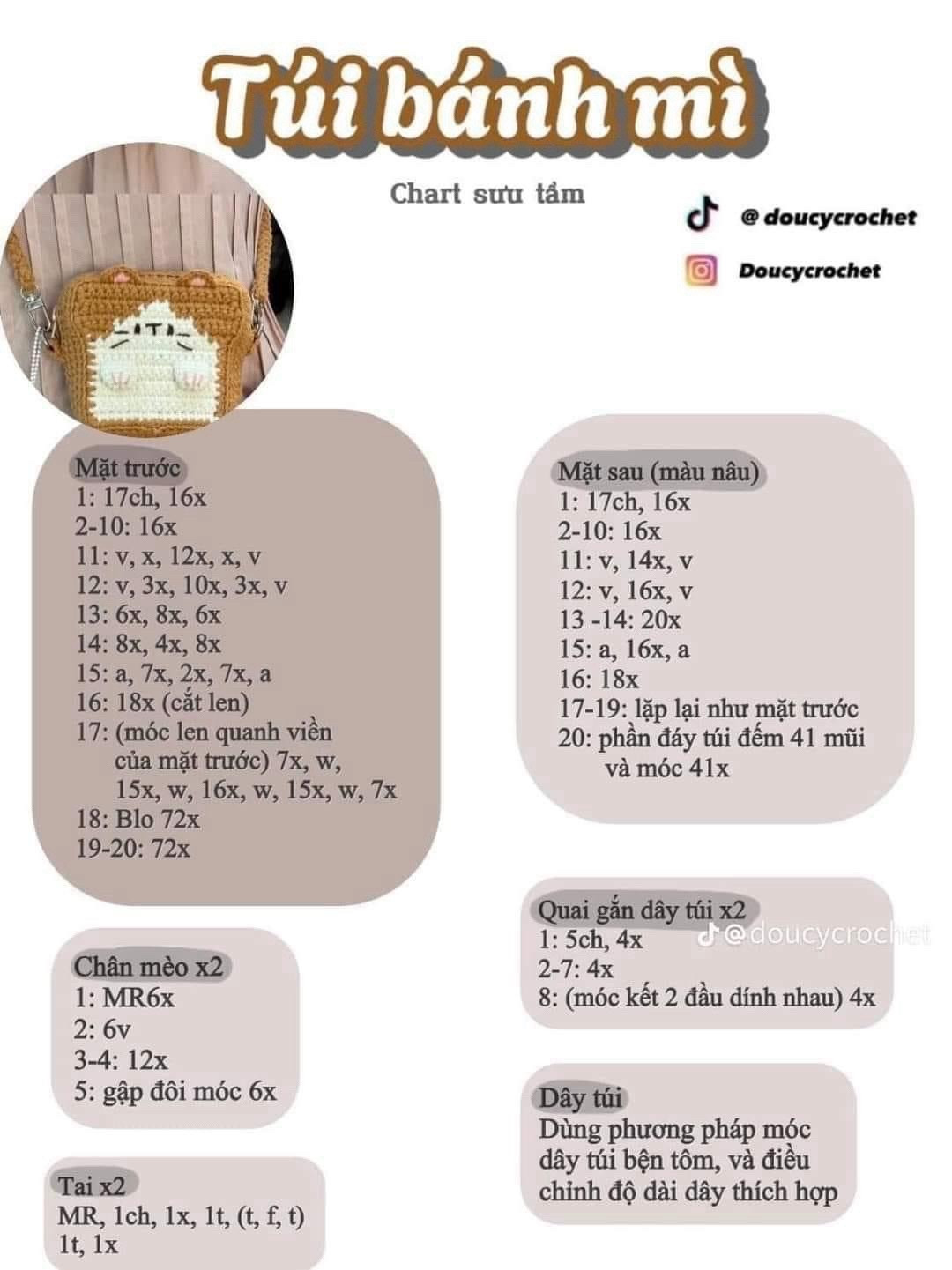 Tổng hợp chart móc len: Thỏ, Gấu dâu, Túi bánh mì, Mochi và Cặp đôi mèo