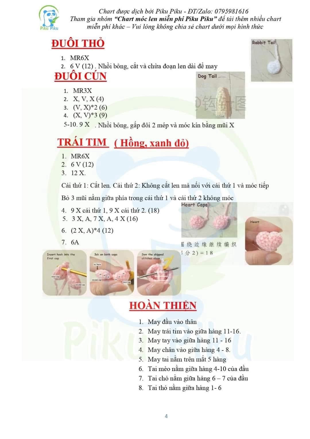Tổng hợp chart móc len: Thỏ, Gấu dâu, Túi bánh mì, Mochi và Cặp đôi mèo