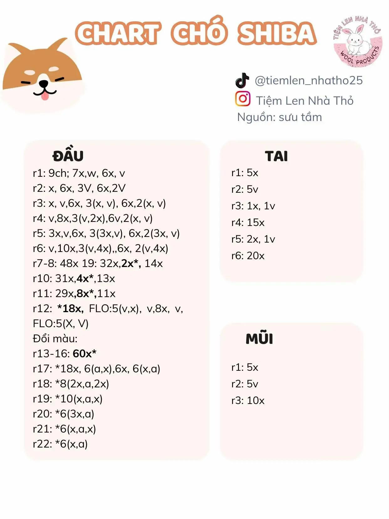 Tổng hợp Chart móc len thú cưng dễ thương: Shiba, gấu trúc, hươu cao cổ và thỏ cosplay