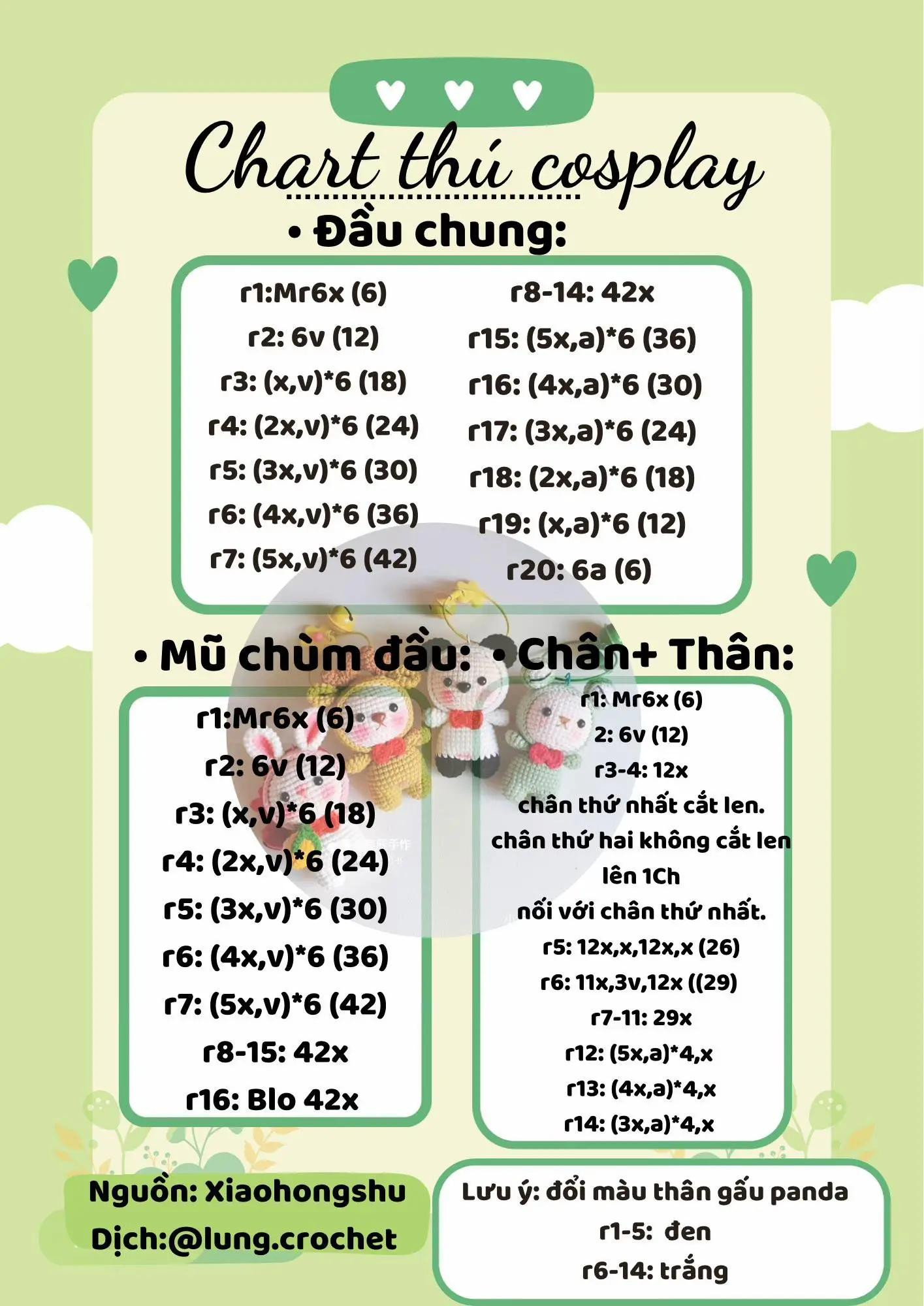 Tổng hợp Chart móc len thú cưng dễ thương: Shiba, gấu trúc, hươu cao cổ và thỏ cosplay