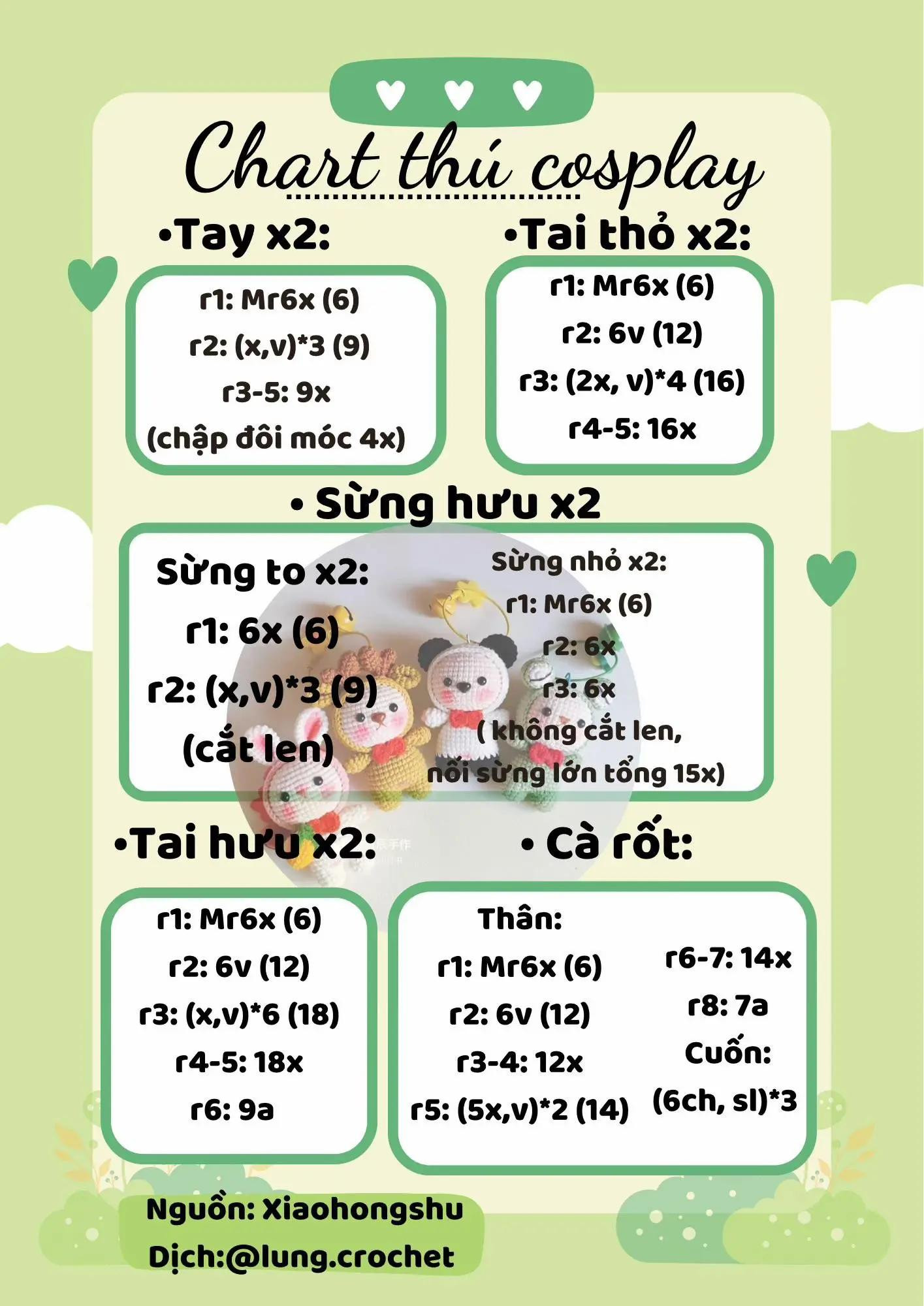 Tổng hợp Chart móc len thú cưng dễ thương: Shiba, gấu trúc, hươu cao cổ và thỏ cosplay