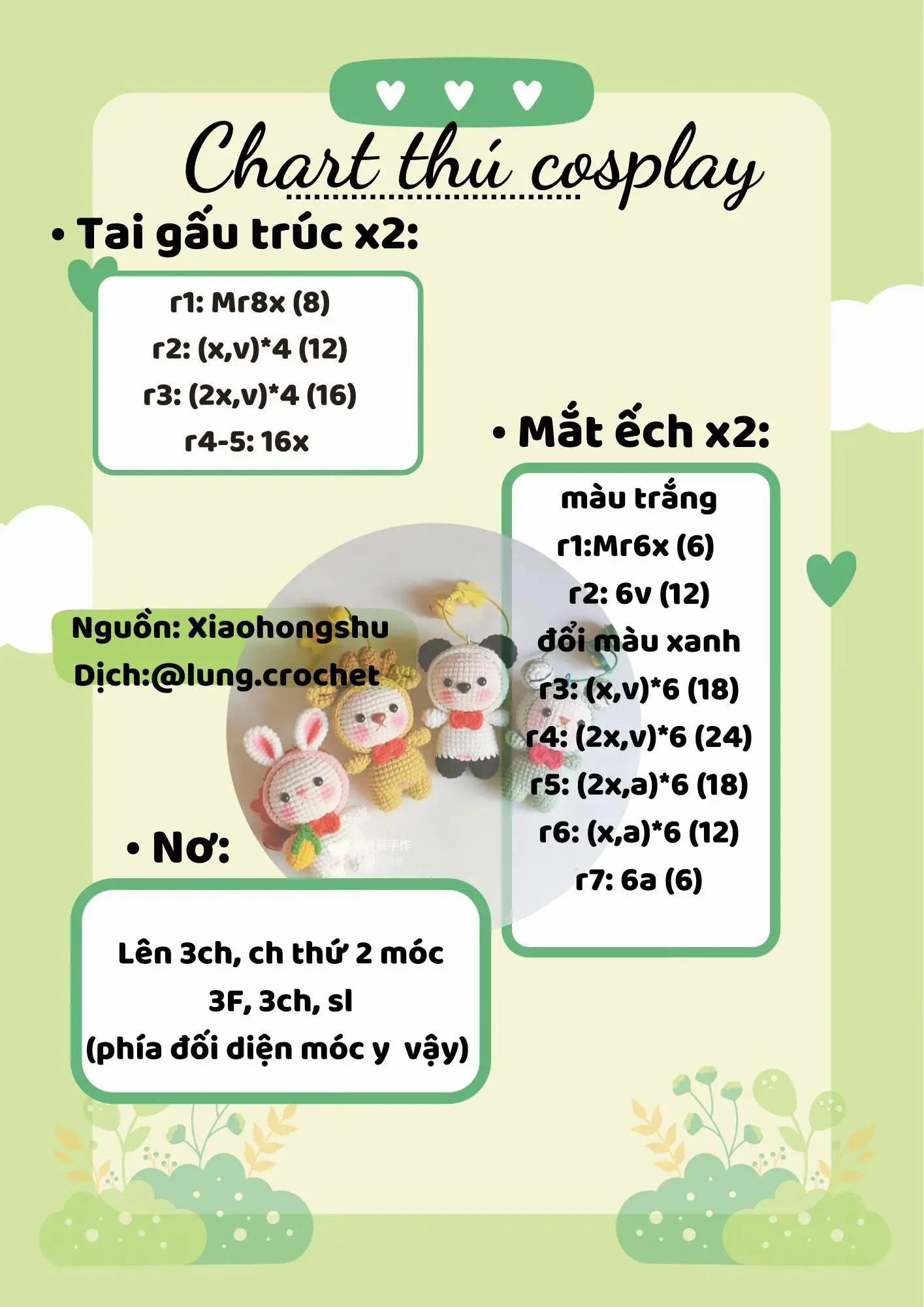 Tổng hợp Chart móc len thú cưng dễ thương: Shiba, gấu trúc, hươu cao cổ và thỏ cosplay