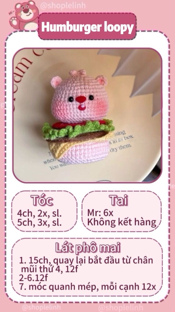 Tổng hợp chart móc len thú Loopy hình Hamburger