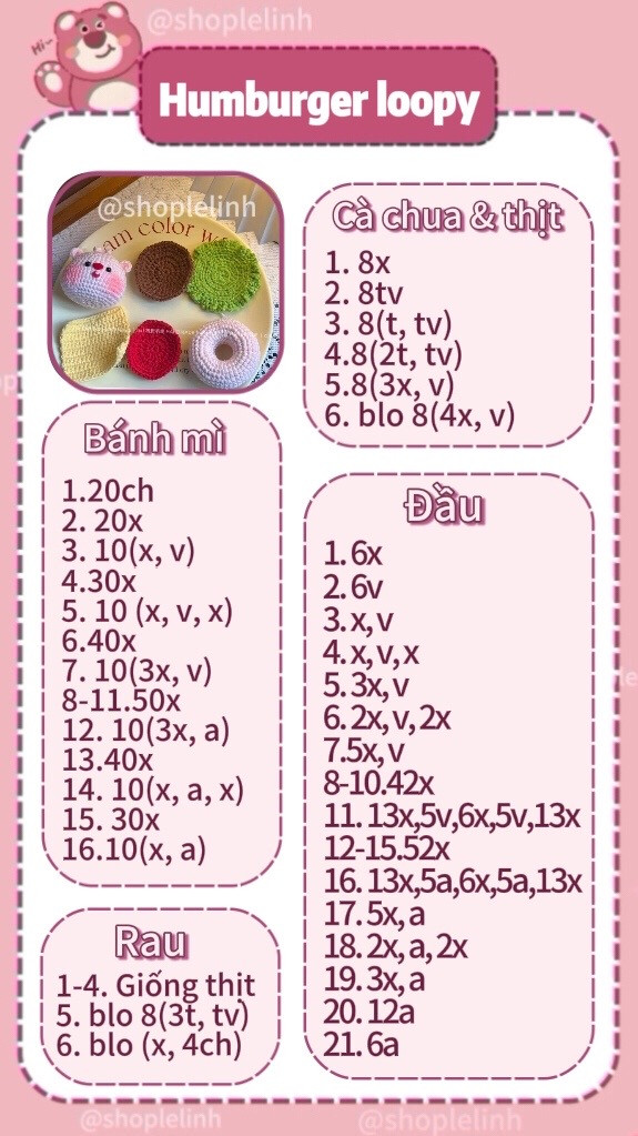Tổng hợp chart móc len thú Loopy hình Hamburger