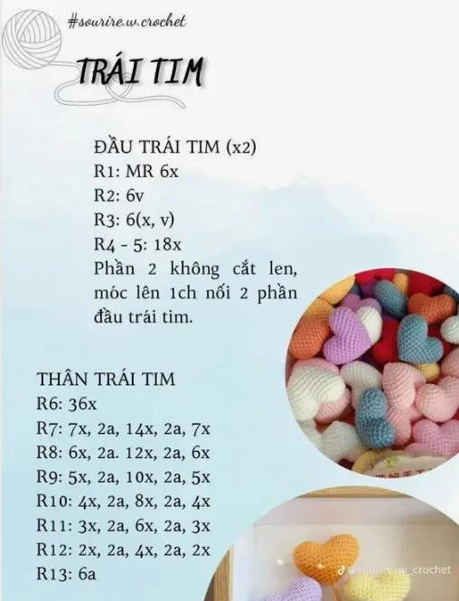 Tổng hợp Chart Móc Len Trái Tim: Búp bê, Khóa và Kẹp Tóc