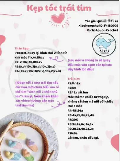 Tổng hợp Chart Móc Len Trái Tim: Búp bê, Khóa và Kẹp Tóc