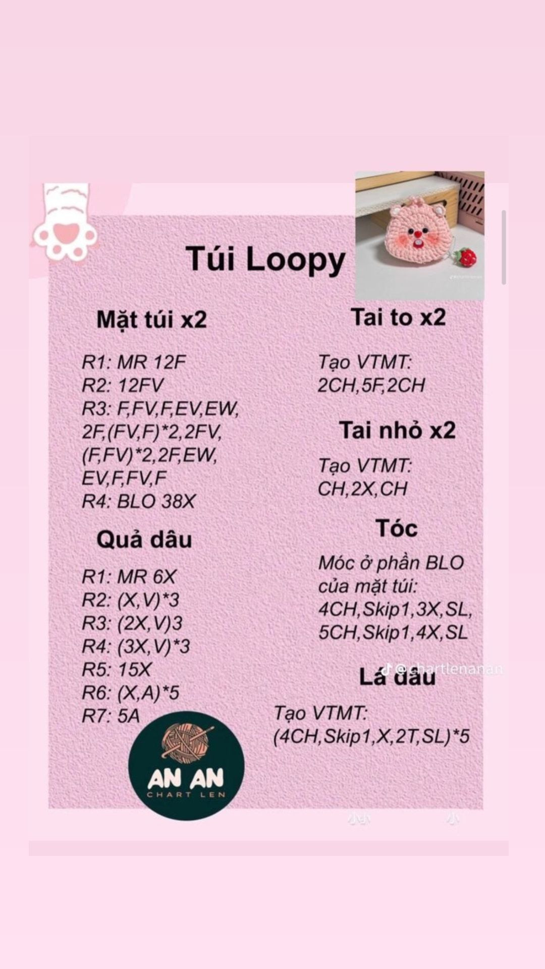 Tổng hợp chart móc len: Túi Loopy, Totoro, Cà rốt và Balo thỏ hồng