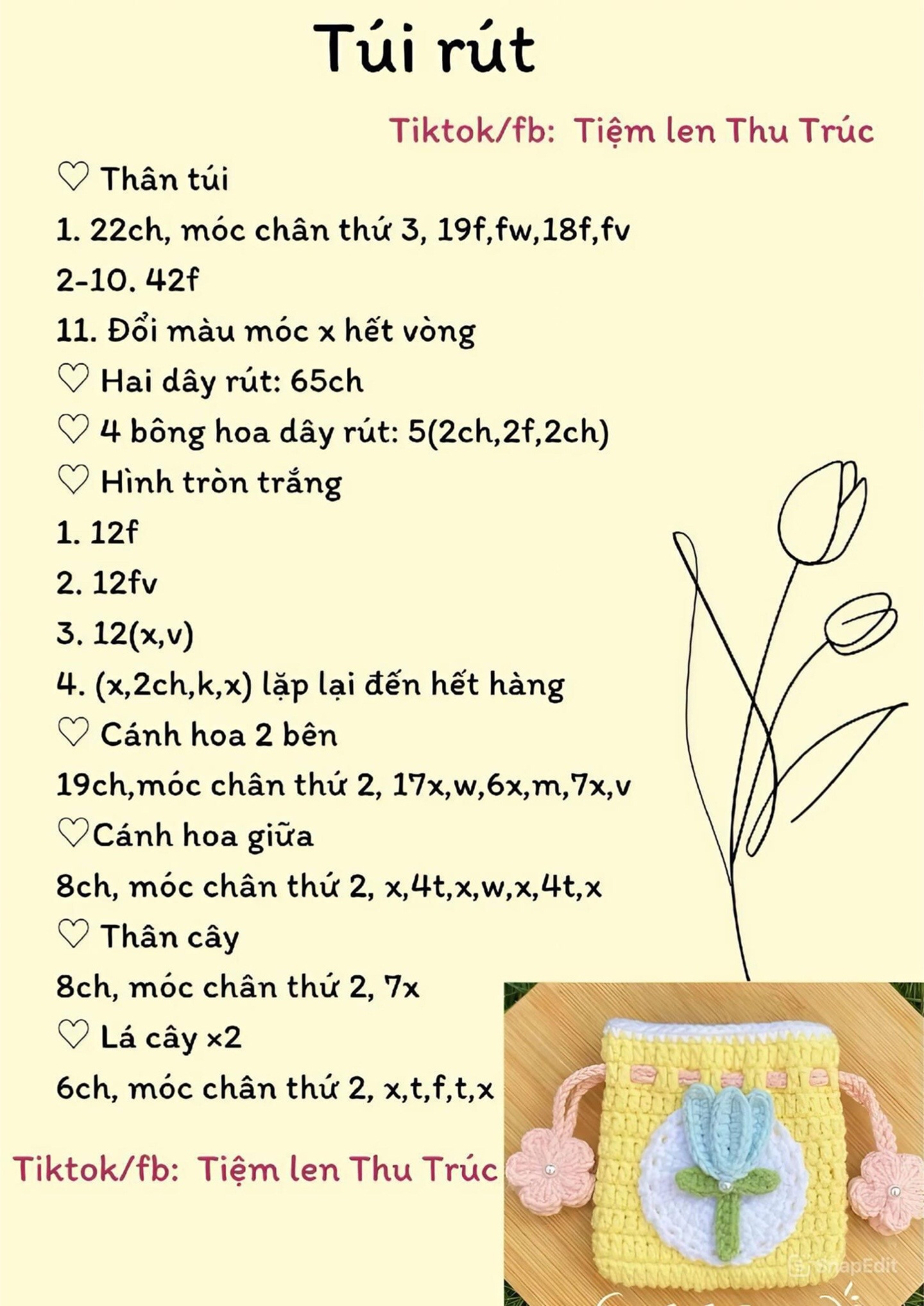 Tổng hợp chart móc len túi rút dây thừng cute với hình hoa, cừu, lợn và thỏ