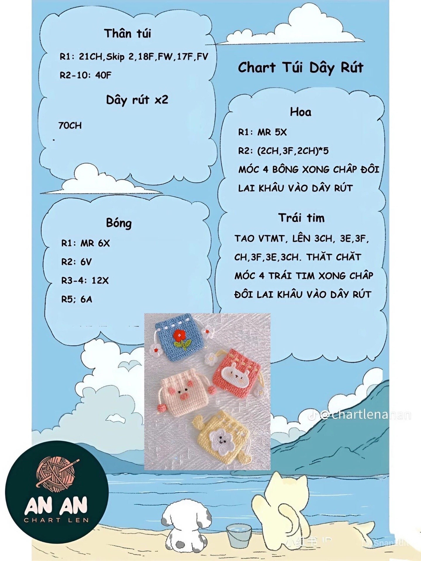 Tổng hợp chart móc len túi rút dây thừng cute với hình hoa, cừu, lợn và thỏ