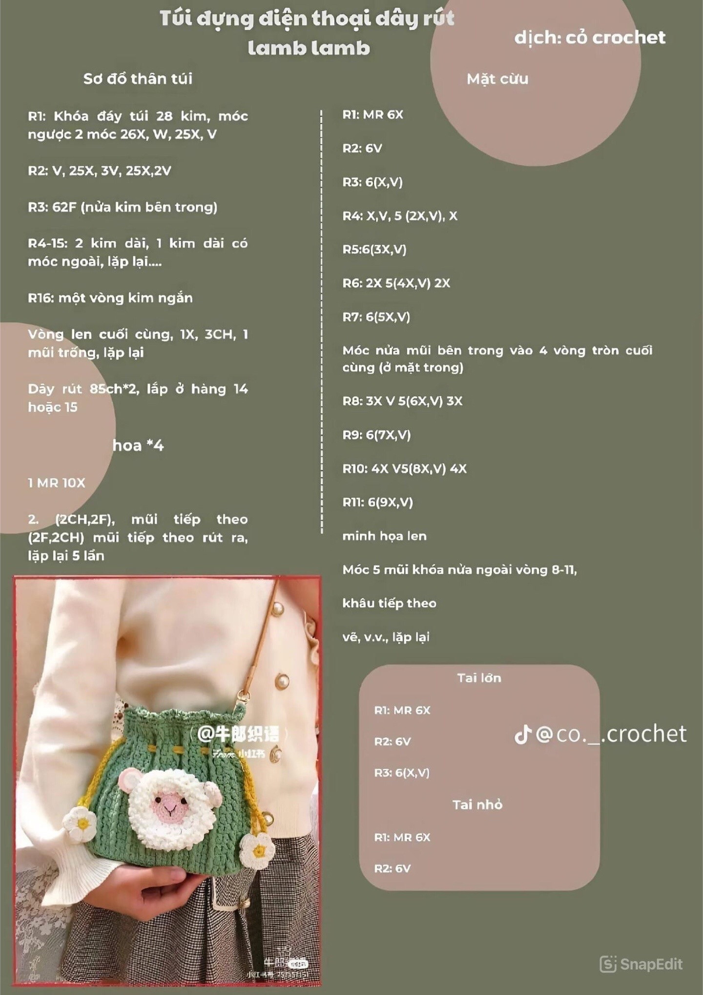 Tổng hợp chart móc len túi rút dây thừng cute với hình hoa, cừu, lợn và thỏ