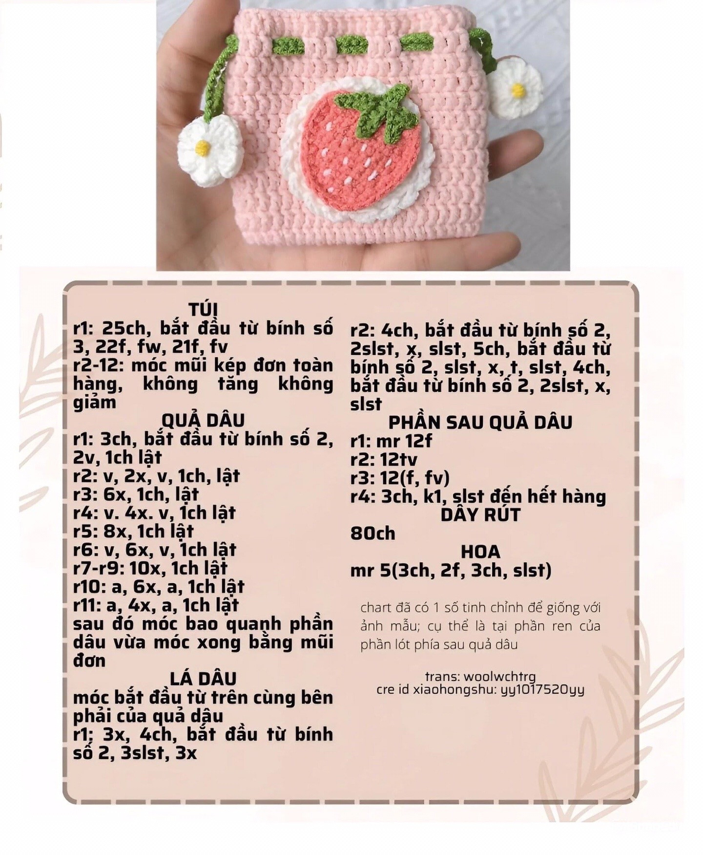 Tổng hợp chart móc len túi rút dây thừng cute với hình hoa, cừu, lợn và thỏ