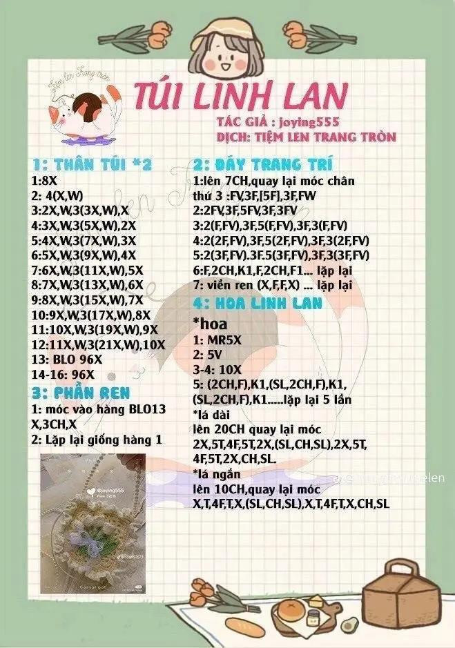 Tổng hợp Chart móc len túi xách đẹp: Túi caro xanh trắng, túi dâu tây và túi hoa