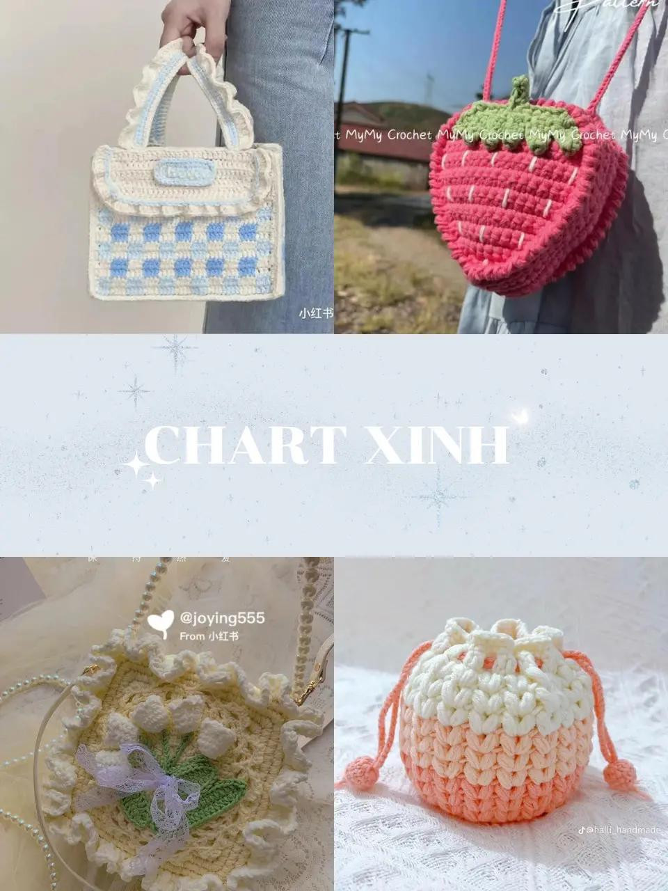 Tổng hợp Chart móc len túi xách đẹp: Túi caro xanh trắng, túi dâu tây và túi hoa