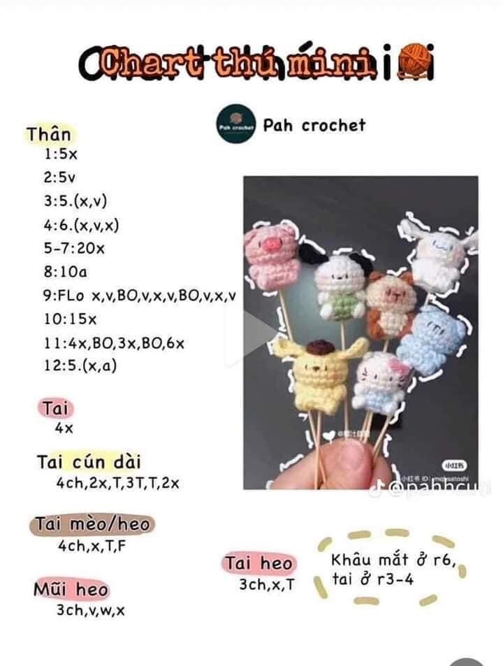 Tổng hợp chart móc len: Vịt mầm, Bế ếch và Thú mini