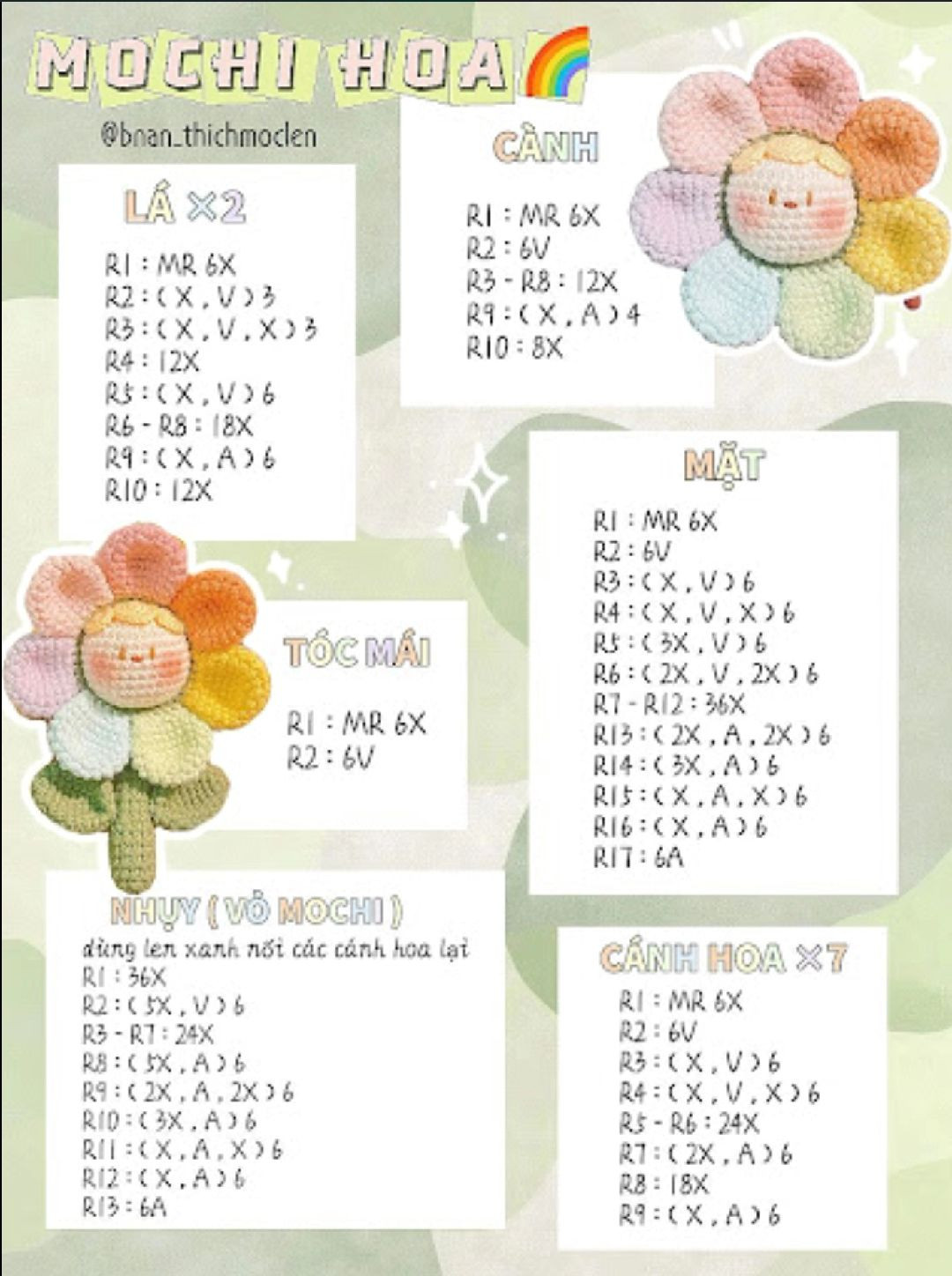 Tổng hợp chart móc len: Vịt ngủ vù, Hoa Mochi và Bánh ú