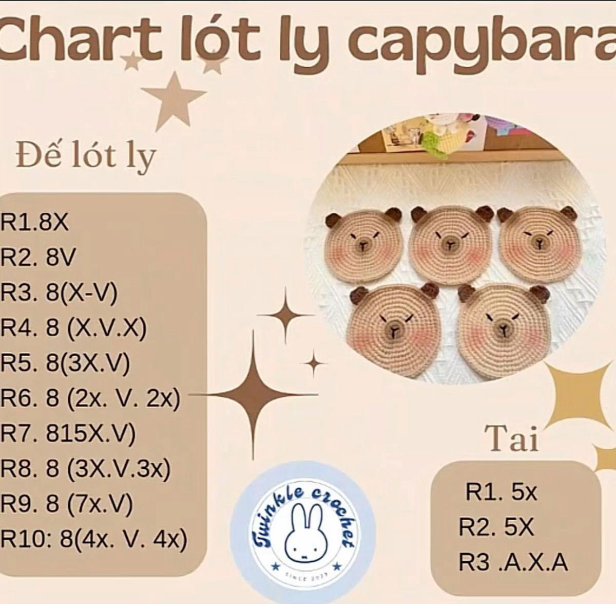 Tổng hợp chart móc lót ly hình vịt, capybara, mèo và cừu dễ thương