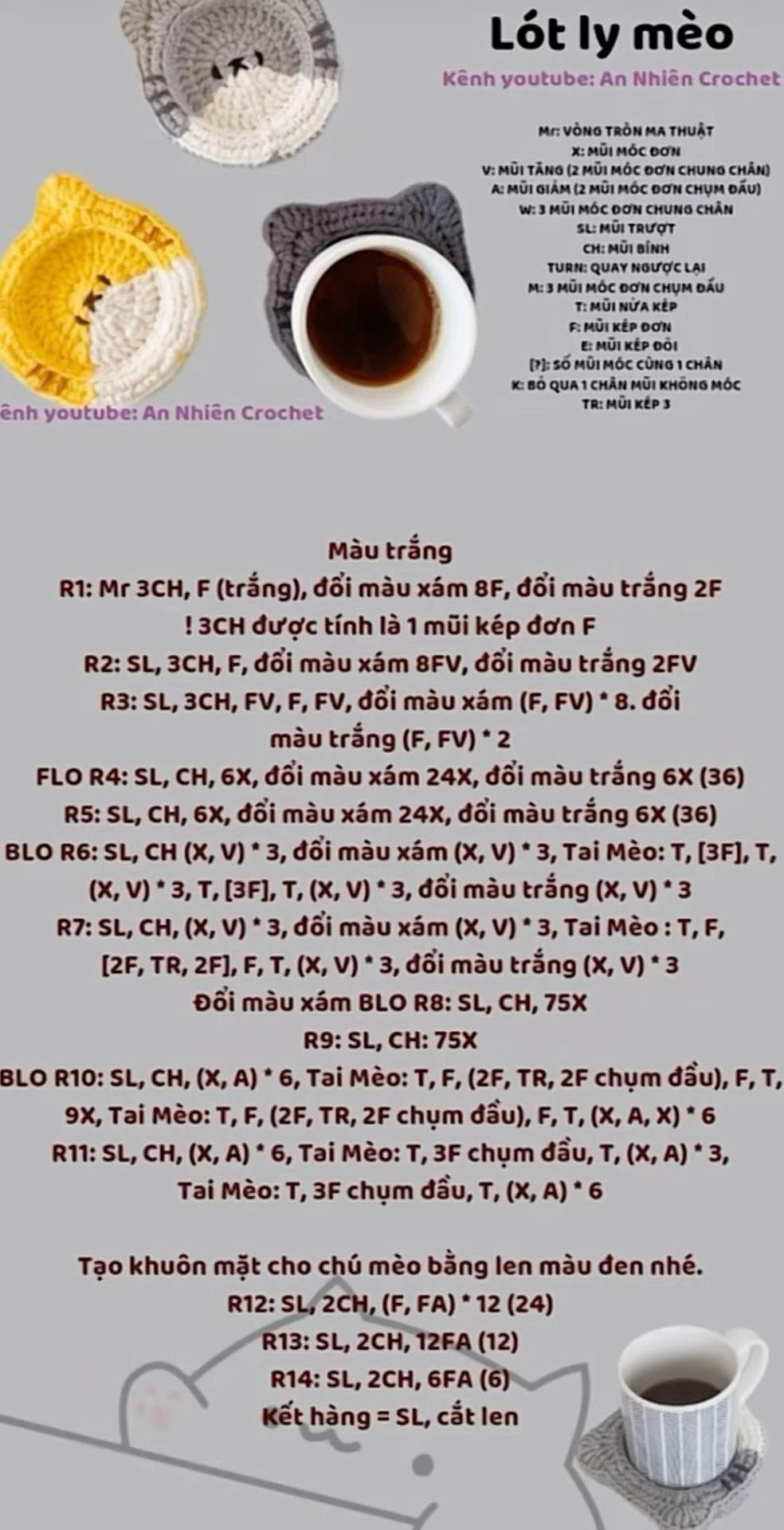 Tổng hợp chart móc lót ly hình vịt, capybara, mèo và cừu dễ thương