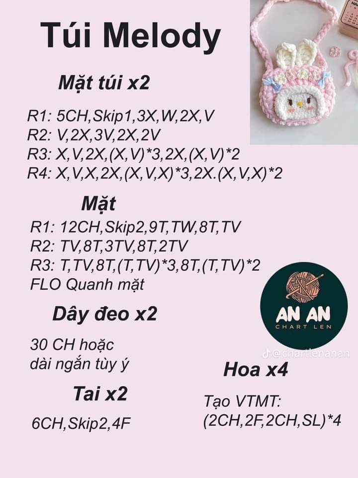 Tổng hợp chart móc túi len dễ thương: Melody, Hello Kitty và Thỏ