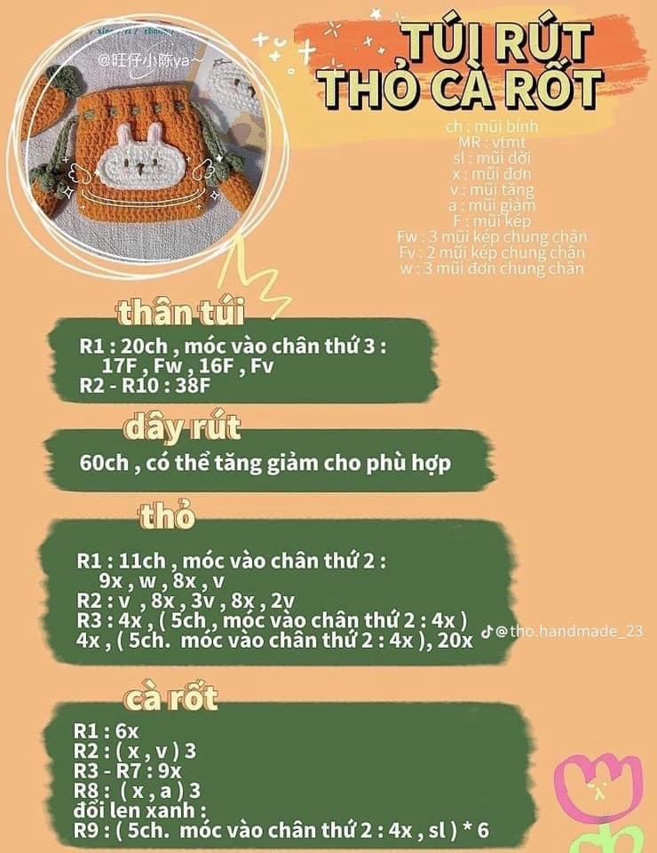 Tổng hợp chart móc túi rút hoa, thỏ cà rốt và gà đội mũ vàng