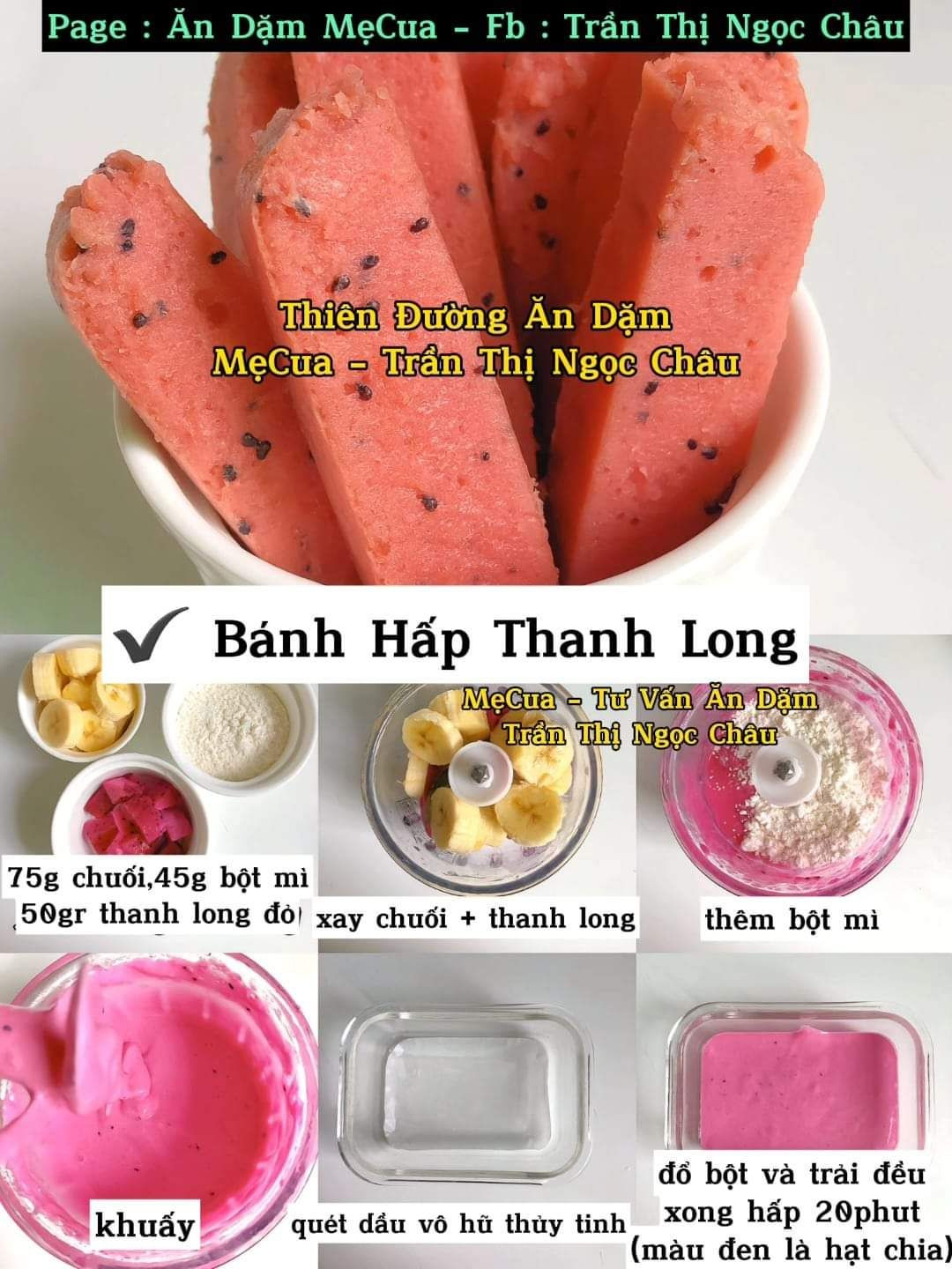 Tổng hợp công thức Bánh Hấp ăn dặm không trứng: Khoai tím, Bí đỏ, Táo đỏ, Thanh long, Cà rốt, Bắp