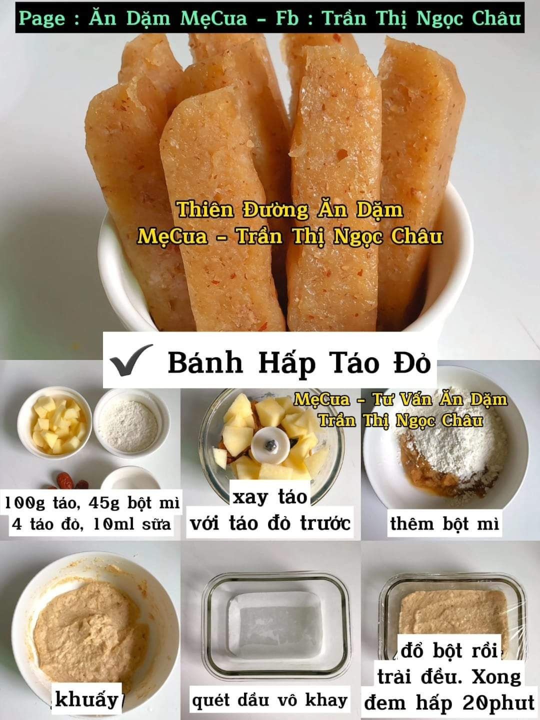 Tổng hợp công thức Bánh Hấp ăn dặm không trứng: Khoai tím, Bí đỏ, Táo đỏ, Thanh long, Cà rốt, Bắp