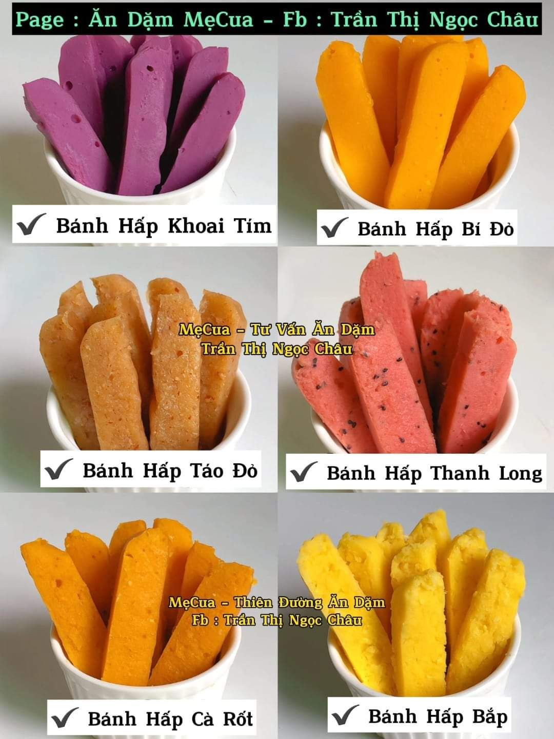 Tổng hợp công thức Bánh Hấp ăn dặm không trứng: Khoai tím, Bí đỏ, Táo đỏ, Thanh long, Cà rốt, Bắp