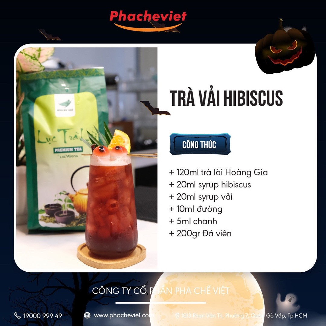 Tổng hợp công thức đồ uống Halloween độc đáo: Soda Phúc Bồn Tử, Trà Vải Hibiscus, Trà Sữa Bóng Đêm và Latte Than Tre