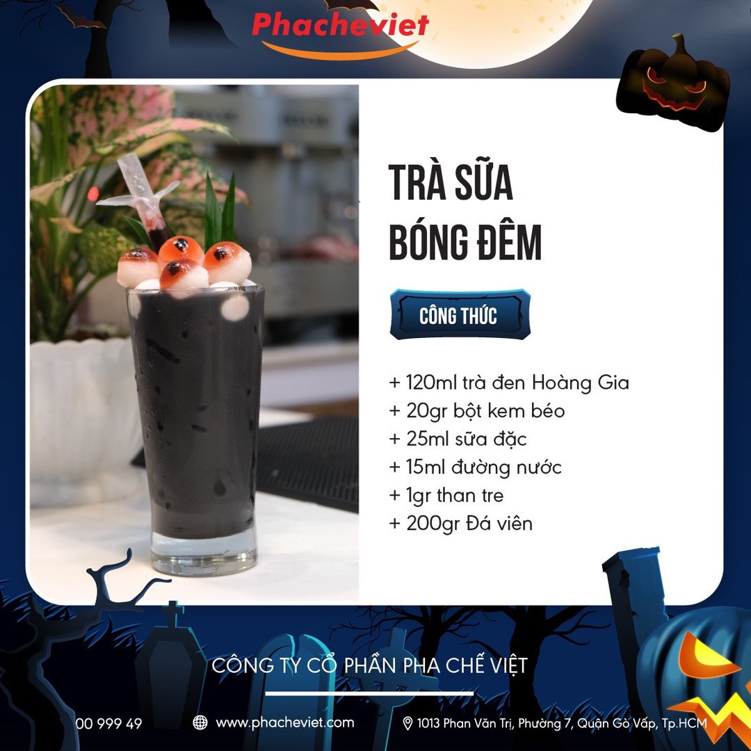 Tổng hợp công thức đồ uống Halloween độc đáo: Soda Phúc Bồn Tử, Trà Vải Hibiscus, Trà Sữa Bóng Đêm và Latte Than Tre