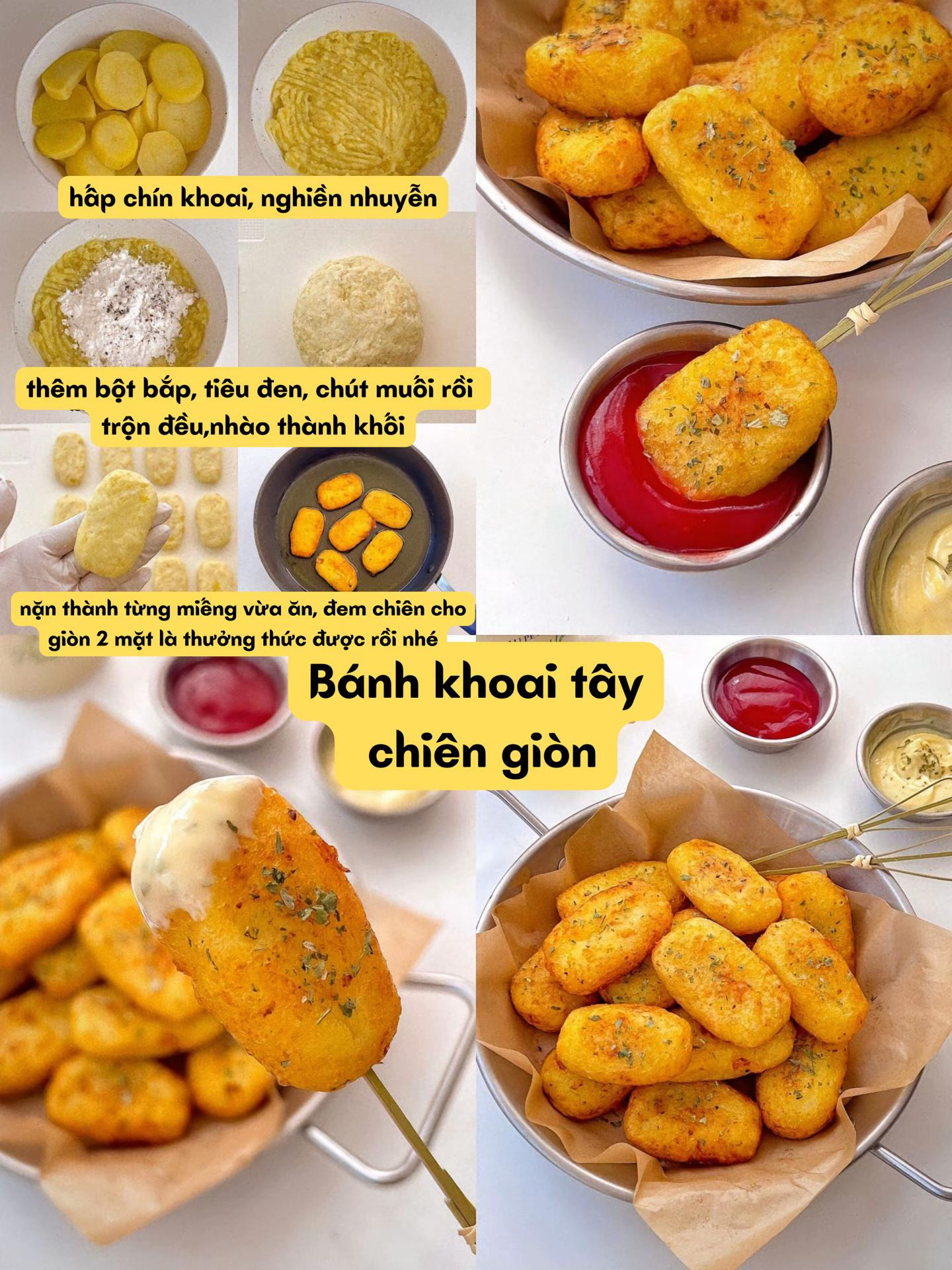 Tổng hợp công thức món ngon: Bánh khoai tây chiên giòn, Cá phi lê sốt dầu hành, Bò cuộn nấm kim châm và Tôm dầu giấm