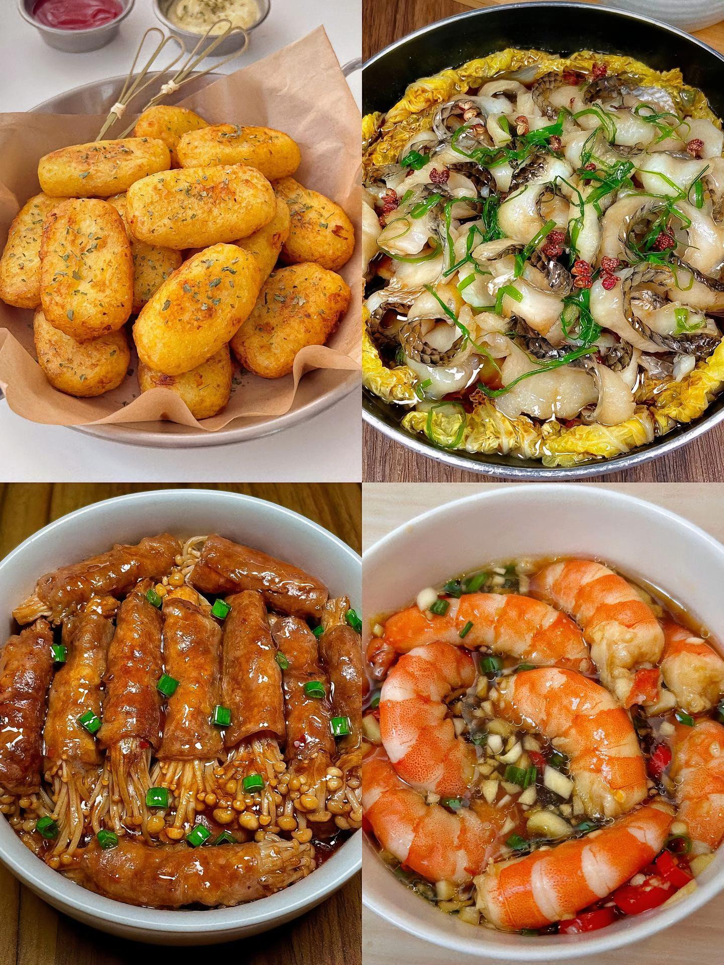 Tổng hợp công thức món ngon: Bánh khoai tây chiên giòn, Cá phi lê sốt dầu hành, Bò cuộn nấm kim châm và Tôm dầu giấm