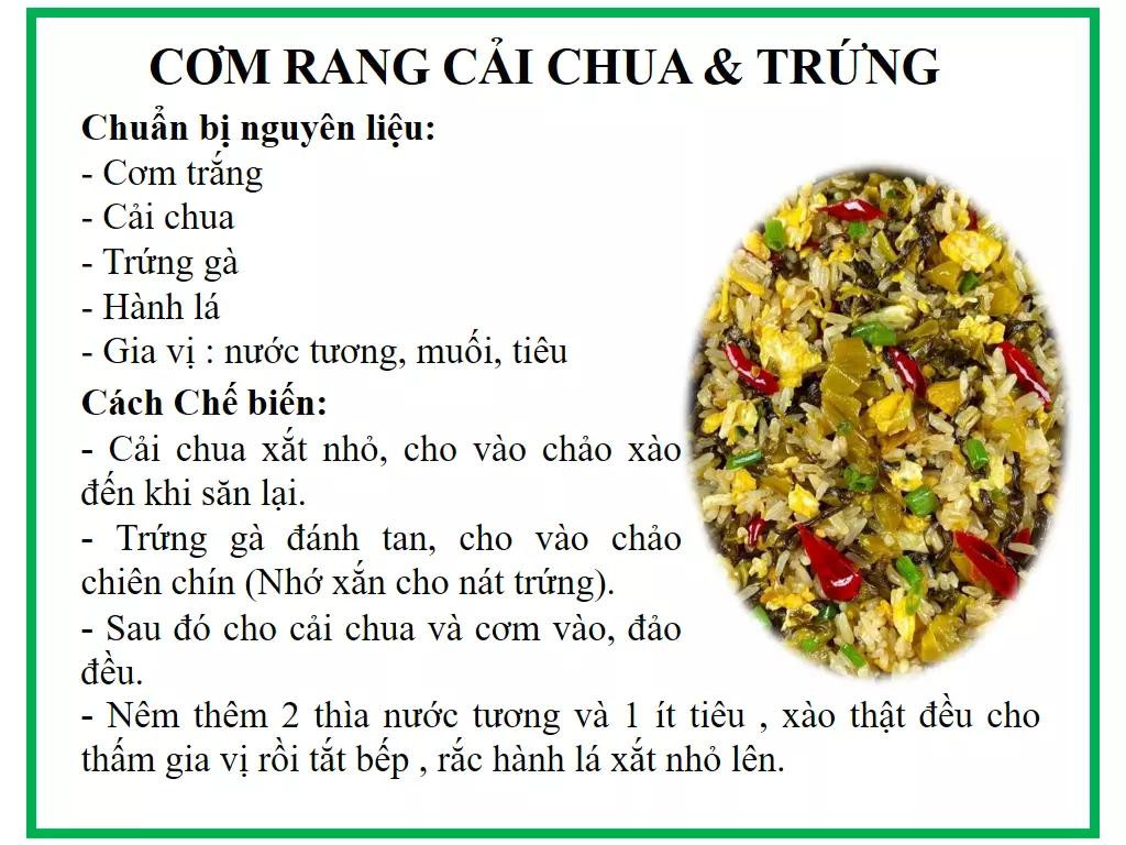 Tổng hợp công thức nấu các món cơm rang ngon: Cơm rang cải chua, trứng rau cải, xúc xích và thịt bò