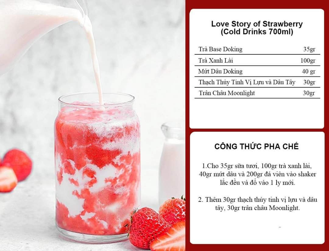Tổng hợp công thức pha chế các món đồ uống dâu tây: Love Story, Cheese Strawberry, Trà Xanh Lài và Sữa Dâu