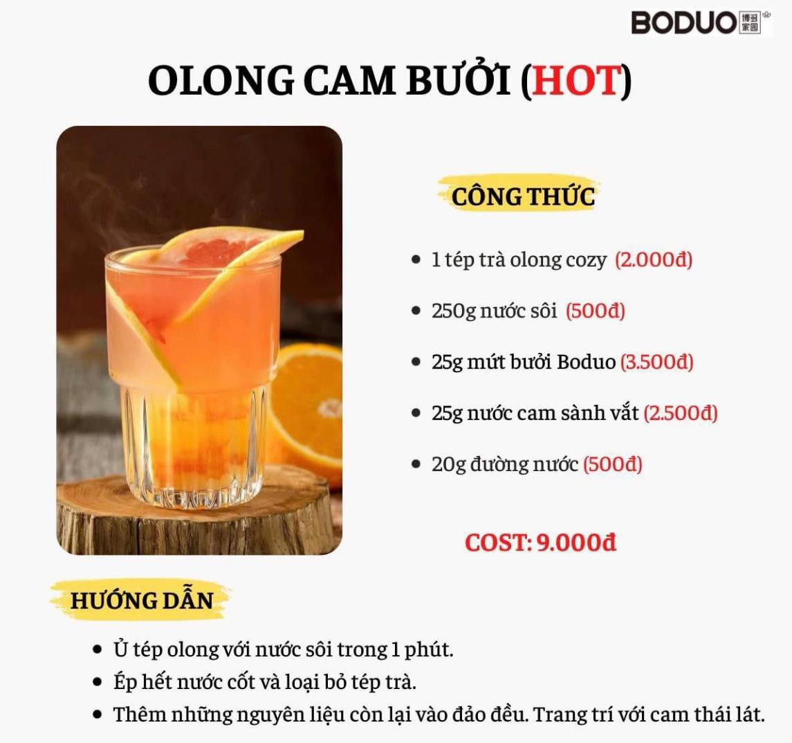 Tổng hợp công thức pha chế đồ uống Boduo: Trân châu đường đen, Olong cam bưởi, Hồng trà sữa, Trà sữa đào và Olong cam lựu
