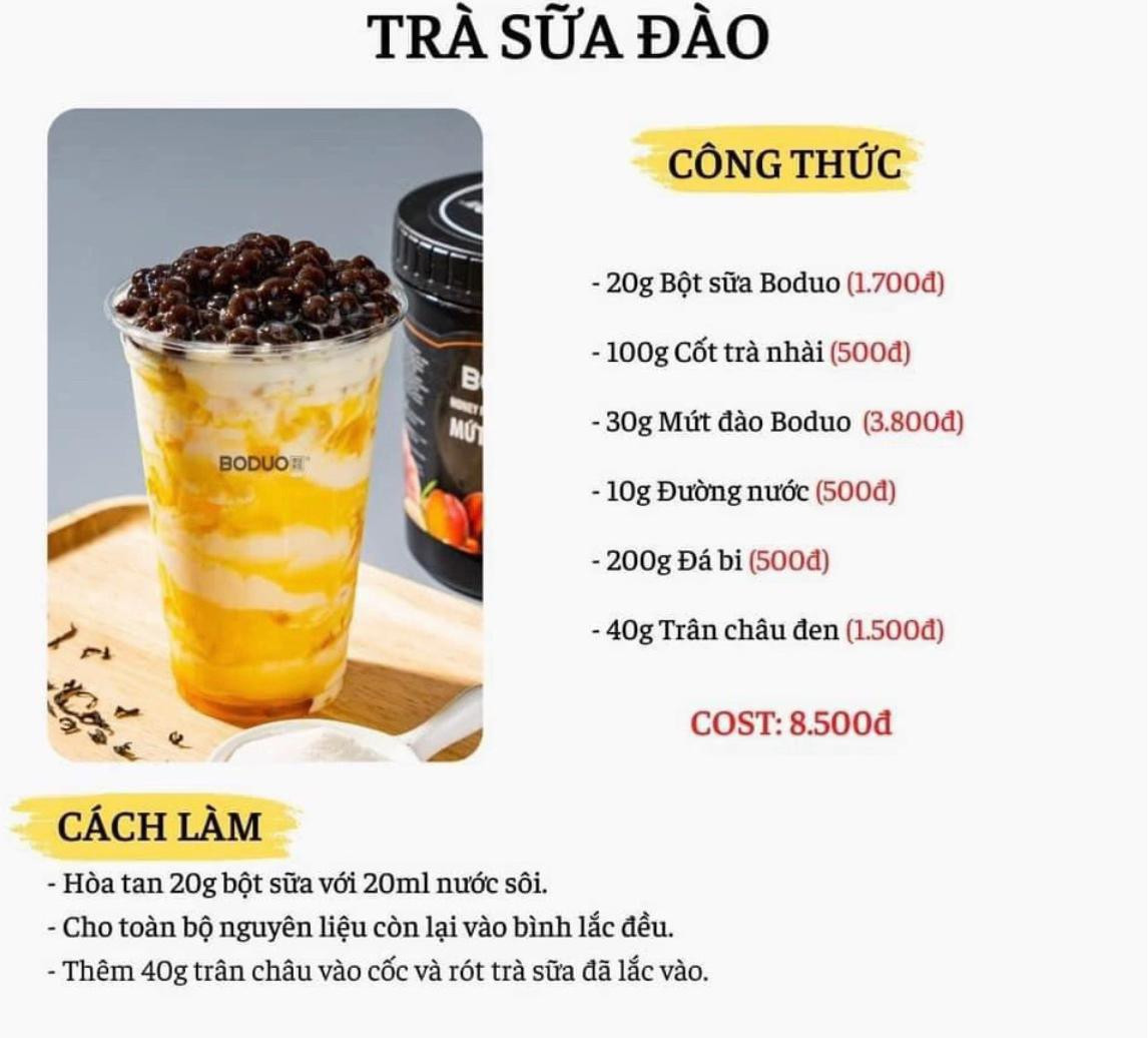 Tổng hợp công thức pha chế đồ uống Boduo: Trân châu đường đen, Olong cam bưởi, Hồng trà sữa, Trà sữa đào và Olong cam lựu