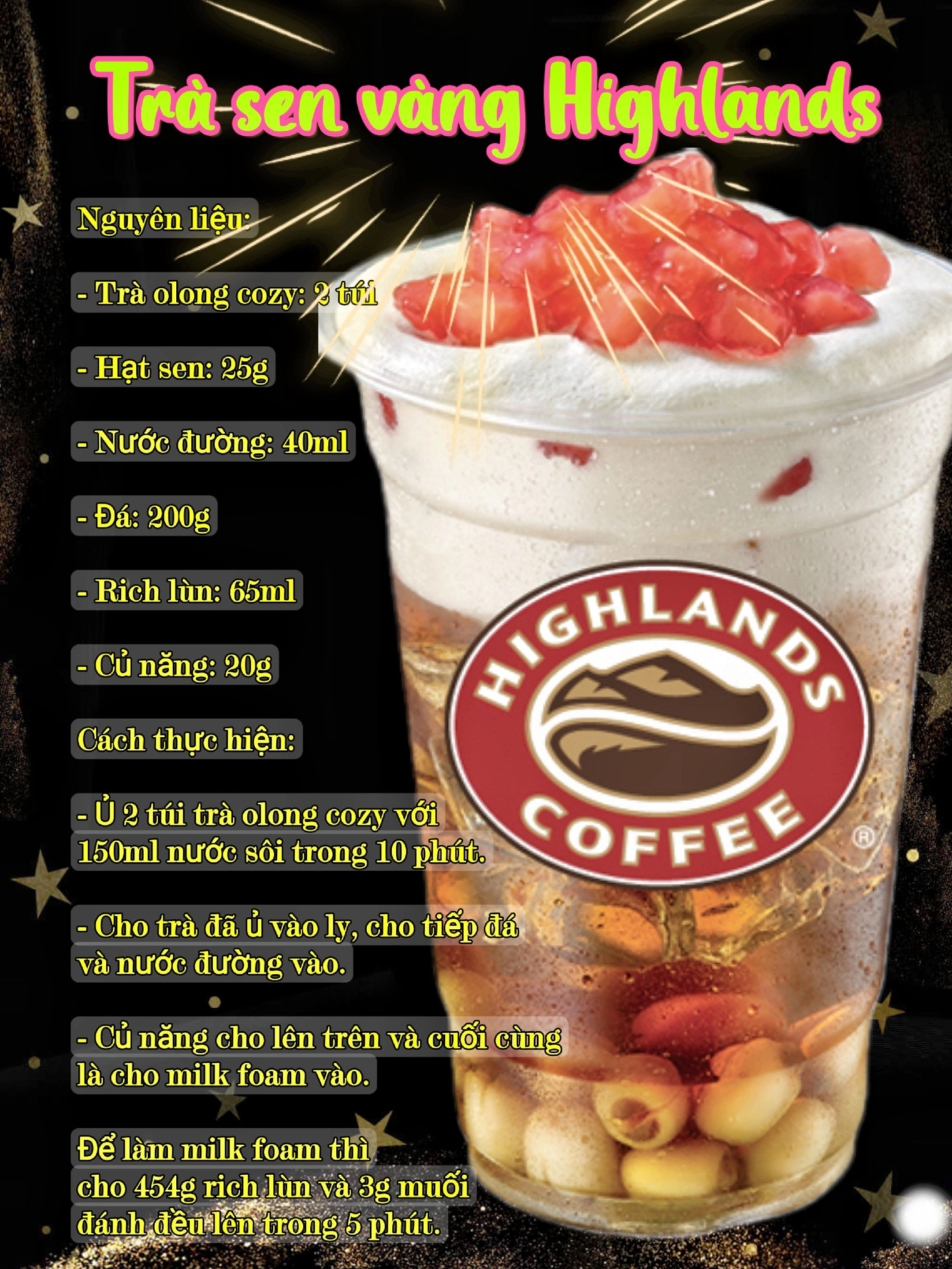 Tổng hợp công thức pha chế đồ uống nổi tiếng: Trà sen vàng, Trà đào Highlands, Matcha Coffee Starbucks và Đá xay Xoài Latte